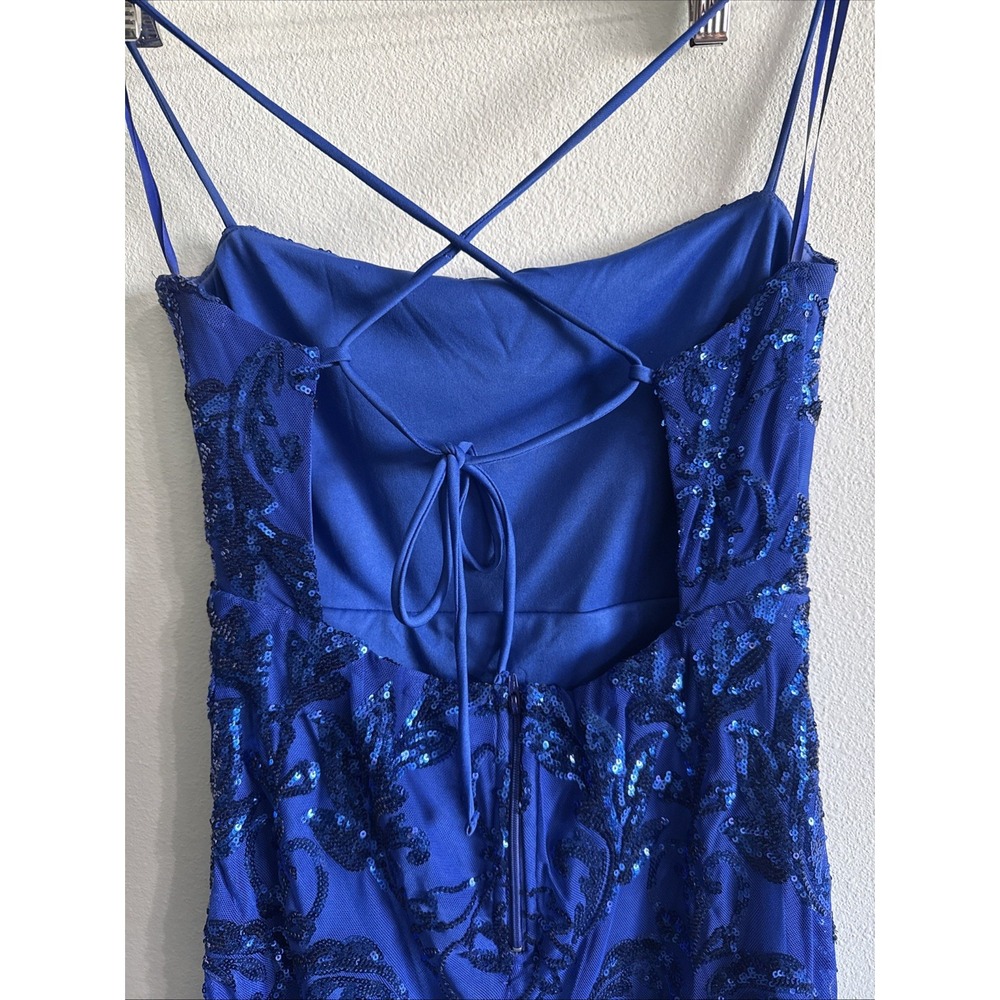 Windsor Blue Sequin Bodycon Dress Beaded Tied Back Formal HOCO Cocktail Mini M - Picture 4 of 11